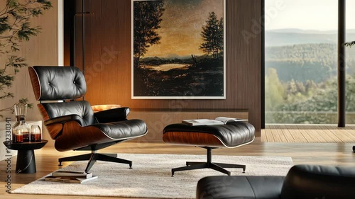Leather lounge chair and ottoman in modern living room with scenic view