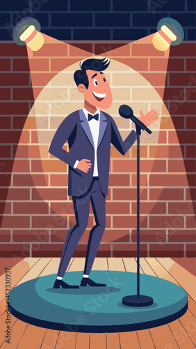 A man in a suit is singing into a microphone on a stage. He is smiling and he is enjoying himself