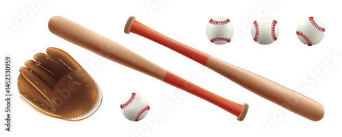 Basebal wooden bat and leather glove. 3d ball vector with line of red lace stiches. Vintage sport game mockup. Wood stick tool, pitcher white softball realistic seams. Brown mitt major team emblem