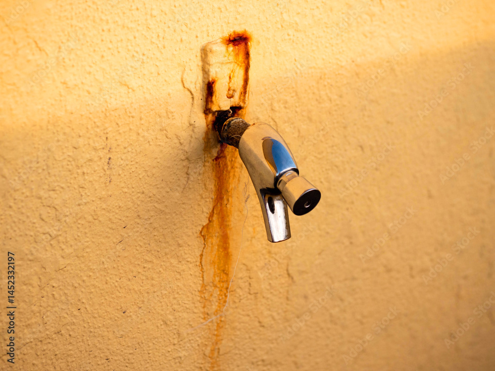 Old metal water tap mounted on a yellow wall and have blue sky reflection and traces of rust. Body cleaning facility by a sunny beach in need of maintenance. Copy space. People health and hygiene.