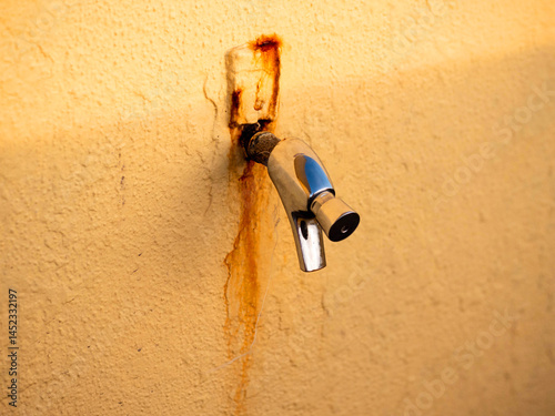 Obraz na płótnie Old metal water tap mounted on a yellow wall and have blue sky reflection and traces of rust. Body cleaning facility by a sunny beach in need of maintenance. Copy space. People health and hygiene. w salonie