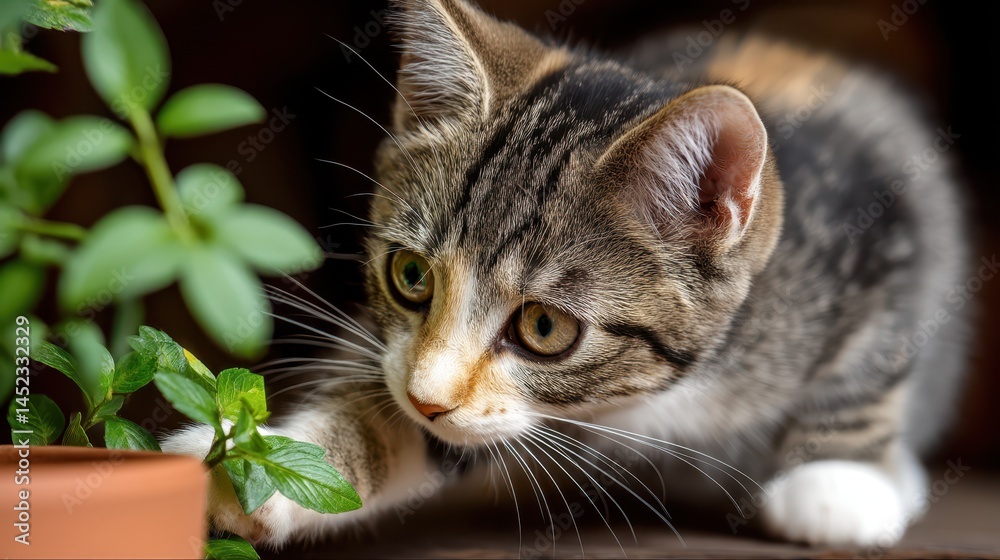 Fototapeta premium A curious cat with striking markings is pawing at a small potted plant in a cozy living room. The playful feline is caught in the act of toppling the greenery while exploring