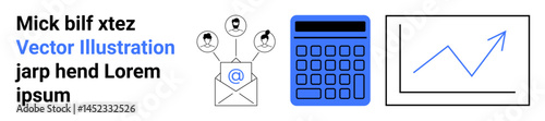 Email with user profiles and envelope, calculator, upward trend graph. Ideal for marketing, finance, analytics, communication, technology, networking simple landing page