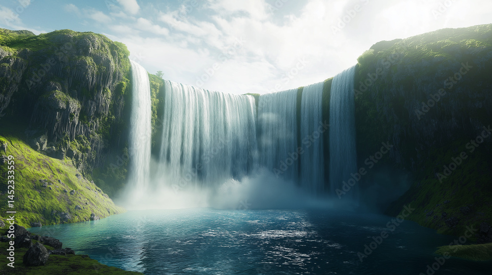 Fototapeta premium A top-tier content-ready image breathtaking mountain waterfall in a vibrant wilderness: nature's spectacle for travelers to admire.