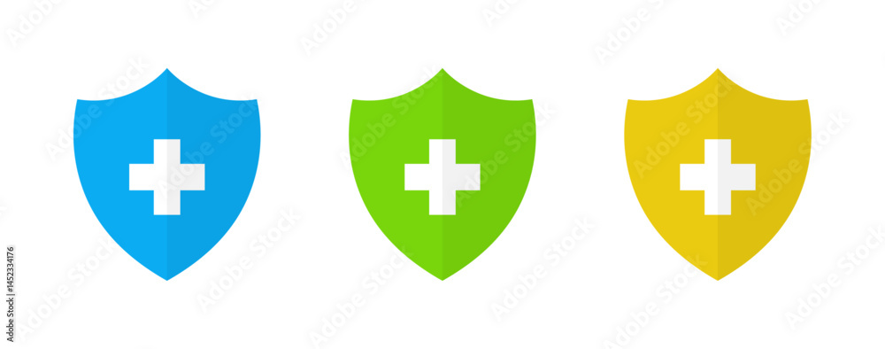 Obraz premium Shield icon set with medical cross symbol, representing healthcare, medical insurance, medical protection, and safety