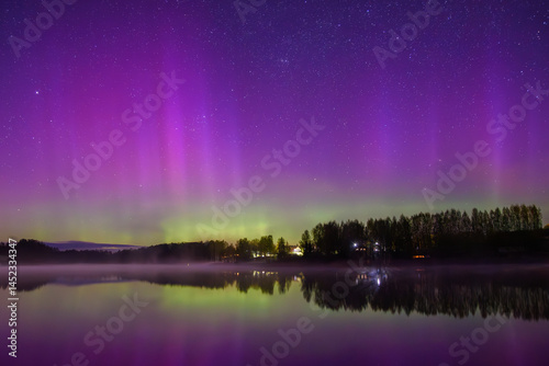 Aurora Borealis lights up the night sky in vivid purple and green hues above a calm lake with stars and trees reflected in the water.