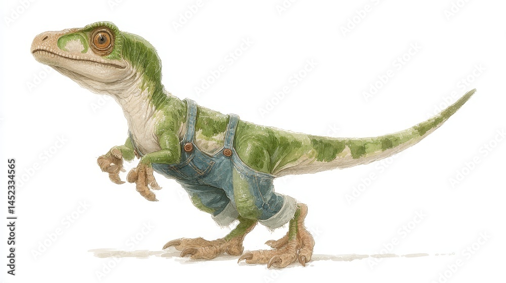 Fototapeta premium Green Dinosaur in Overalls Standing on White Background