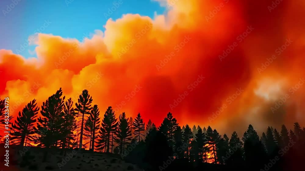 Dramatic sunset with vibrant orange and red clouds over a silhouette of pine trees in a forest