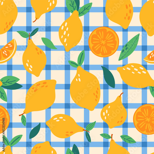 Summer seamless pattern design with cute lemons and checked pattern. Childish print for wrapping paper, packaging, background and fabric