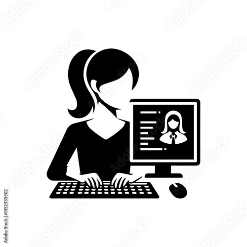 Silhouette of a focused woman typing on a computer keyboard with an abstract female user profile displayed prominently on the desktop screen. Online communication concept