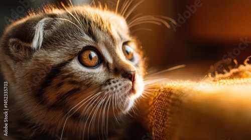 A Scottish Fold kitten with distinctive folded ears looks attentively with bright amber eyes, bathed in gentle warm light during the evening, showcasing its playful curiosity