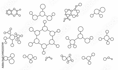 Collection of minimalist molecule structure icons in line art style. Great for science, chemistry, biotech, education, and medical infographic design.