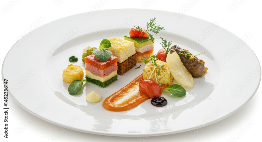 Elegant food plating design for premium product ads isolated on white background no trademarks or text Elegant food plating design for premium product ads isolated on white background no trademarks or text