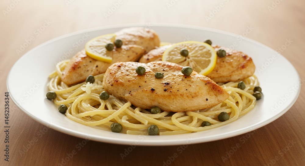 Fototapeta premium Golden Brown Chicken Piccata with Lemon and Capers Served Over Spaghetti on White Plate Placed on Warm Wooden Table