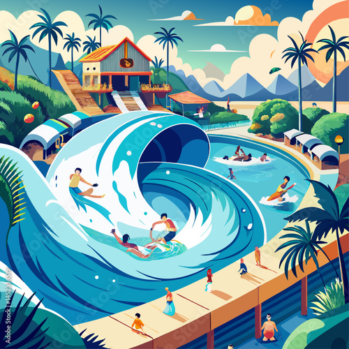 A colorful illustration of a beach scene with people surfing and swimming. Scene is lively and fun, with a sense of excitement and adventure