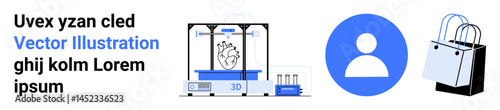 3D printer crafting heart model, user profile icon, and shopping bags. Ideal for technology, e-commerce, health, innovation, personalization, user interface and modern design flat landing page