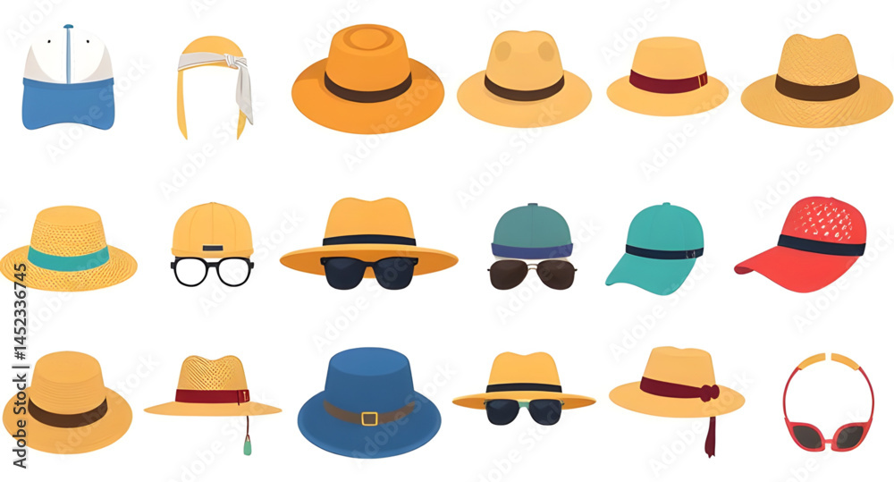 set of hats isolated ,set of hats , collection of hats ,cowboy hats, diffrent types of hates model vector illustration set of hats isolated ,set of hats , collection of hats ,cowboy hats, diffrent types of hates model vector illustration