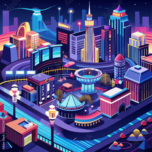 A cityscape with a neon sign that says "F" on it. The city is filled with tall buildings and a large park. The sky is dark and the city is lit up with neon lights