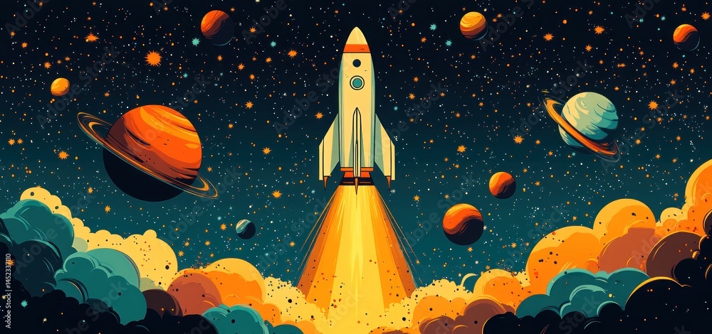 Naklejka premium Cosmic Launch: A Retro Rocket Ascends Through Vibrant Nebulae and Celestial Bodies