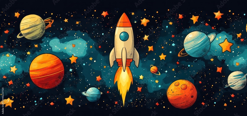 Naklejka premium Cosmic Rocket Adventure: A Whimsical Journey Through the Stars