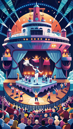 A large crowd of people are watching a performance on a stage. The stage is set up on a cruise ship, and the audience is seated in rows of chairs. The performers are dressed in colorful costumes