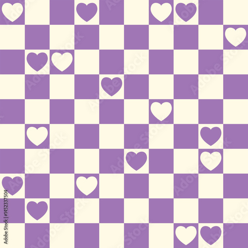 Delicate seamless pattern with squares and hearts in pastel purple and beige tones