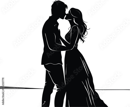Silhouette of a Romantic Couple Kissing: Vector Illustration of Love and Romance