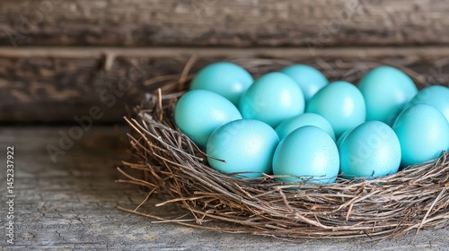 Vibrant Blue Eggs Nestled in a Rustic Natural Nest for Springtime Imagery