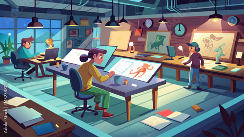 A cartoon drawing of a group of people working in an office. Scene is that of a busy, creative workspace