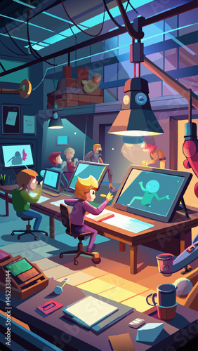 A cartoon drawing of a group of people working in an office. Scene is that of a busy, creative workspace