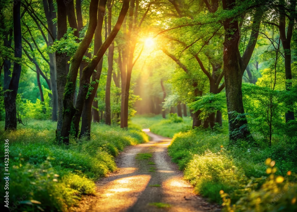 Naklejka premium Magical Forest Trail: Sunbeams & Bokeh Photography
