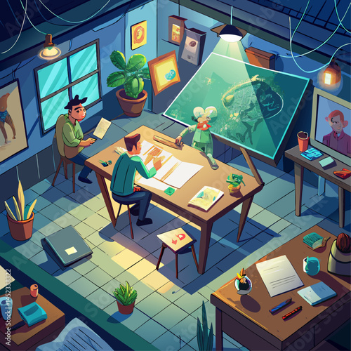 A cartoon drawing of a group of people working in an office. Scene is that of a busy, creative workspace