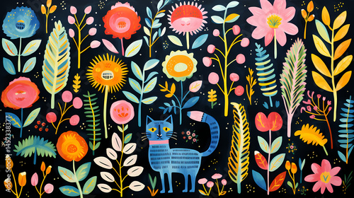 pretty illustration of cat bright rustic palette abstract decorative painting