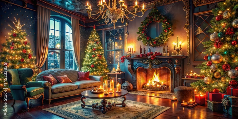 Fototapeta premium Magical New Year's Eve Living Room Interior: Festive Decor & Cozy Atmosphere