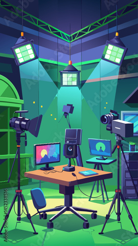 A green room with a camera and a green screen. The room is lit up with bright lights and has a modern feel