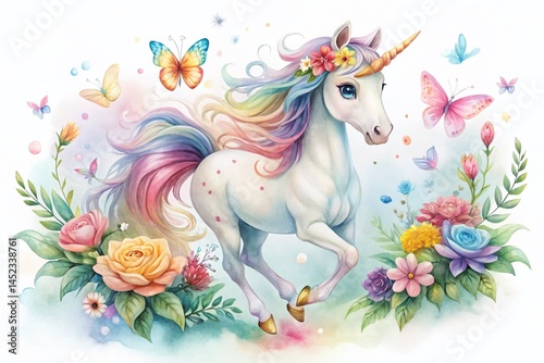 Magical Unicorn Watercolor Painting: Whimsical Flower & Butterfly Fantasy