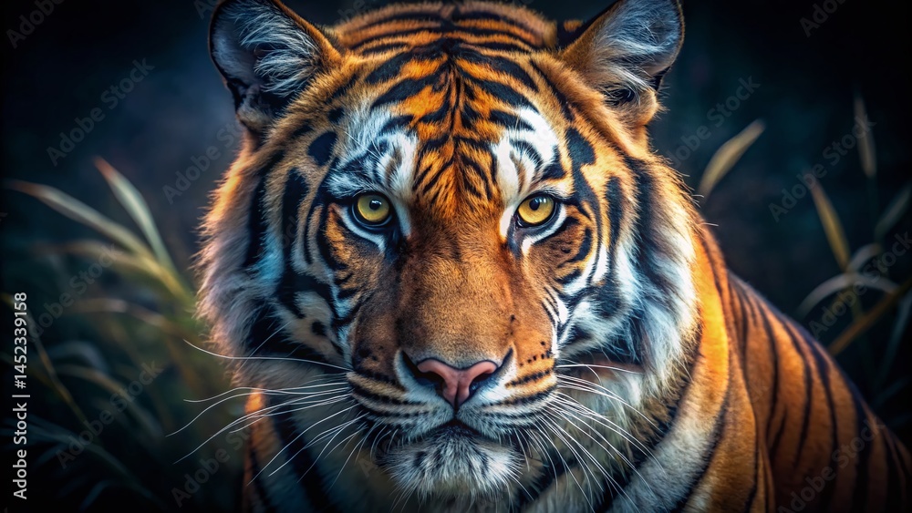 Naklejka premium Majestic Bengal Tiger Close-Up Night Wildlife Photography