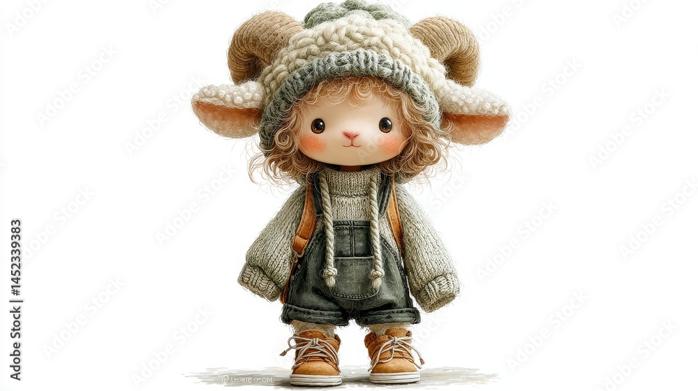 Cute Character in Sheep Hat and Cozy Sweater Standing Smiling Cute Character in Sheep Hat and Cozy Sweater Standing Smiling