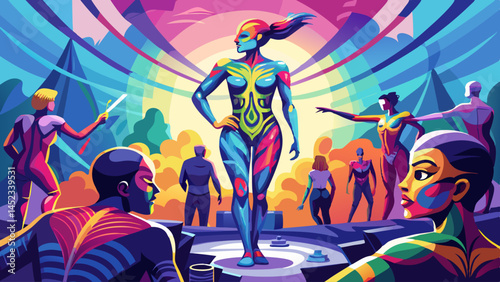 A woman is standing in front of a crowd of people. The woman is wearing a blue outfit and is holding a sword. The crowd is made up of people of different colors and sizes