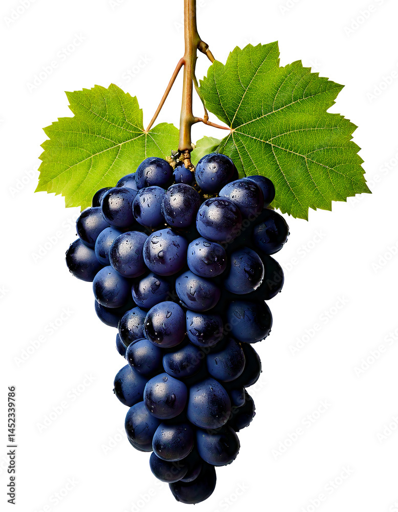 Fototapeta premium Black Grapes with green leaves on a branch isolated on a white background 