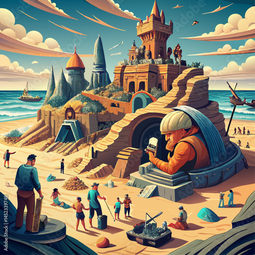 A painting of a beach with a large statue of a man in the middle. The painting is full of people and buildings, giving the impression of a bustling city
