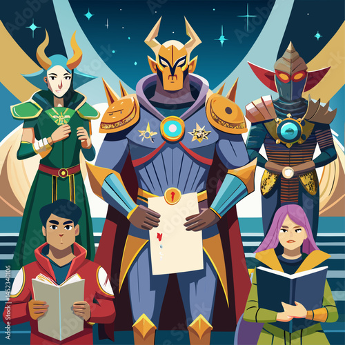 A group of people dressed in costumes, one of whom is holding a piece of paper. The image is a comic book style illustration of a group of people, with one person holding a book