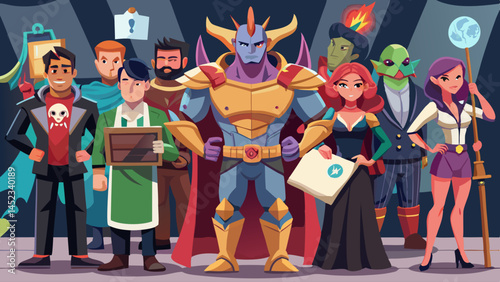 A group of people dressed in costumes, one of whom is holding a piece of paper. The image is a comic book style illustration of a group of people, with one person holding a book