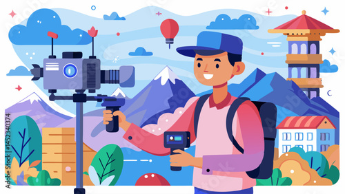 A man is holding a camera and is smiling. The background has mountains and a house. The man is in a foreign country