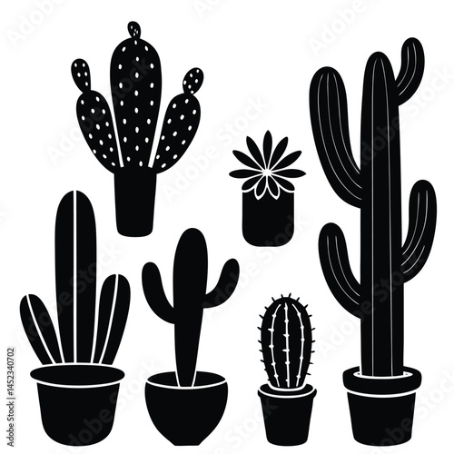 Collection of Silhouettes Diverse Cactus Plants in Pots - Botanical Illustration