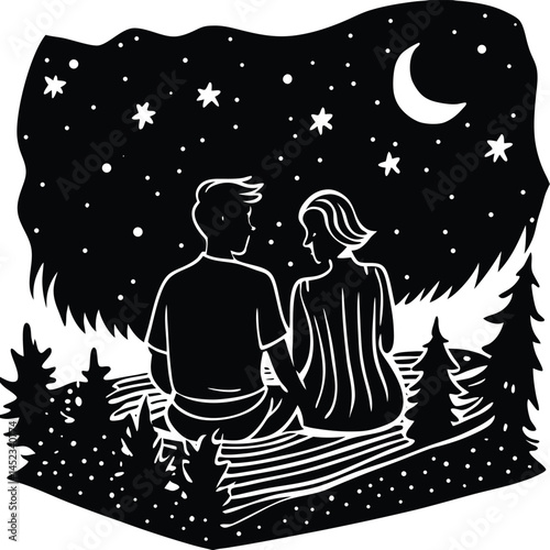 Romantic Couple Silhouette Under Starry Night Sky with Moon and Pine Trees Art