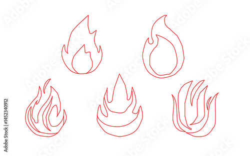 Fire flame icon. Flame vector logo. Hot fire on white background. Flame simple illustration. Graphic heat symbol. Abstract silhouette, hell element clipart. Red stroke shape. Scribble punk pastel art