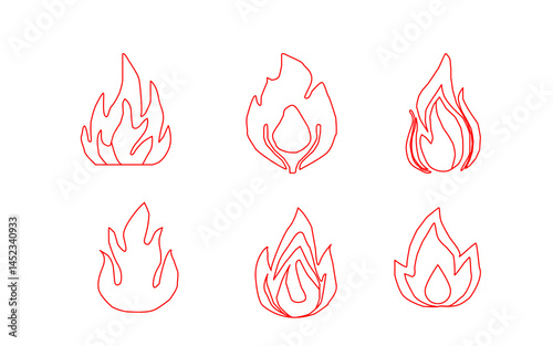 Fire flame icon. Flame vector logo. Hot fire on white background. Flame simple illustration. Graphic heat symbol. Abstract silhouette, hell element clipart. Red stroke shape. Scribble punk pastel art