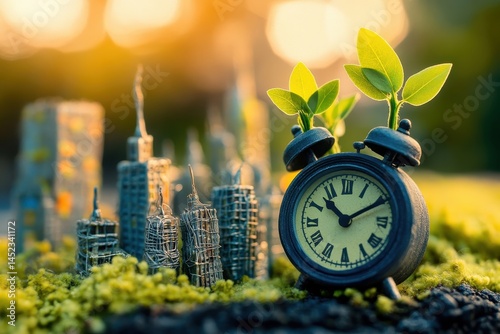 Miniature city, awakening from a dormant time,  with budding life.