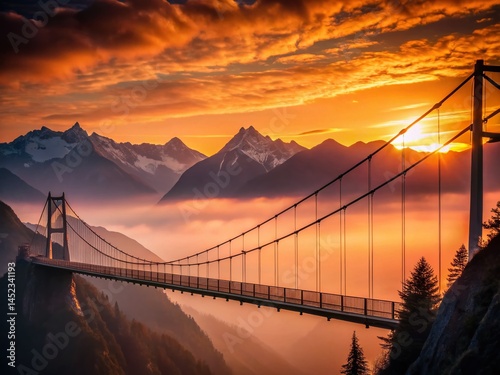 Majestic Mountain Silhouette: Suspension Bridge at Sunset